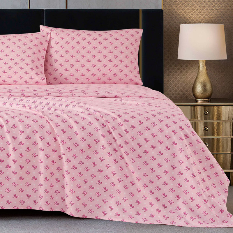 Baby Phat Printed Microfiber Sheet Set, King, Logo with Heart - Pink