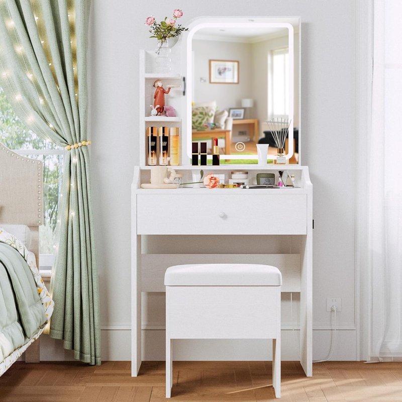 Amisted Small Makeup Vanity with LED Mirror & Outlets, Storage Drawers and 3 Shelves, Storage Stool, Bedroom, White