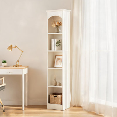 Narrow Walnut and Classic White Cube Bookshelf for Living Room with Five Tiers and Anti-Tip Safety