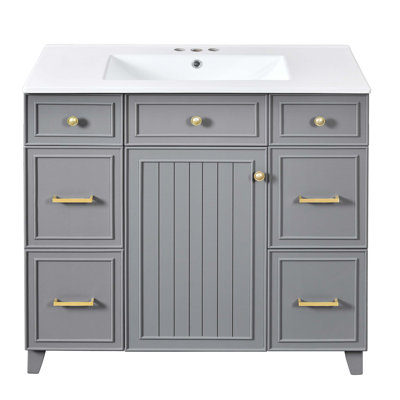 Meuble-lavabo 36 po avec lavabo en céramique, structure en bois massif, portes à fermeture en douceur, tablettes réglables, 3 tiroirs, y compris un tiroir à double profondeur pour le rangement du sèche-cheveux