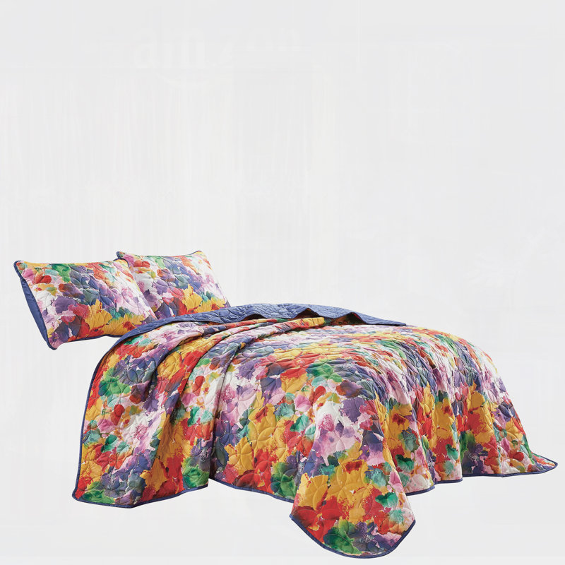 3-Piece Reversible Multicolor Autumn Leaf Watercolor Print Microfiber Bedspread Set,Queen, Queen