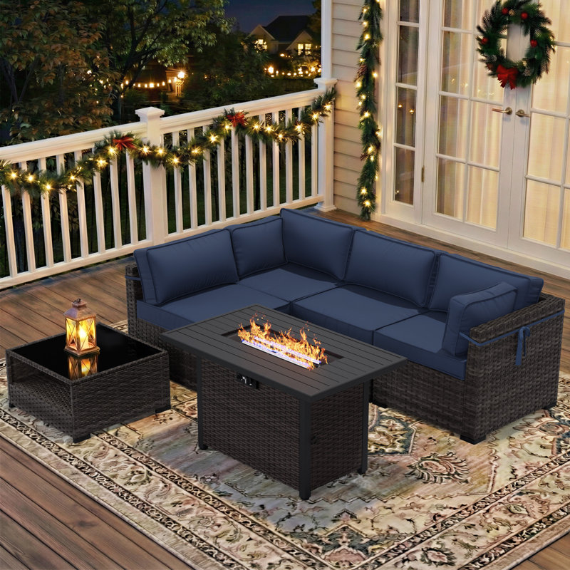Ensemble de salon de jardin modulaire en rotin toutes saisons 4 personnes avec coussins et table foyer, Bleu, Brun