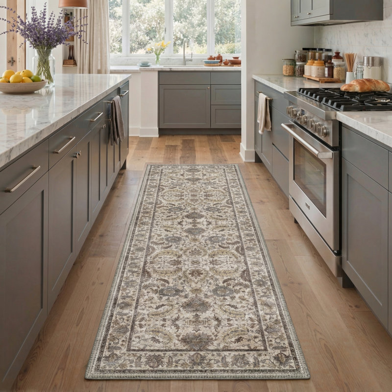 Roehit Vintage Distressed Medallion Machine Washable Beige / Brown Indoor Area Rug with Non-Slip Backing, Runner 2' x 6'