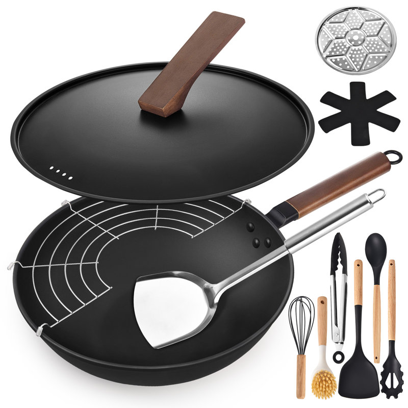 AOSION 13'' Black Carbon Steel Wok Set with Wooden Handle