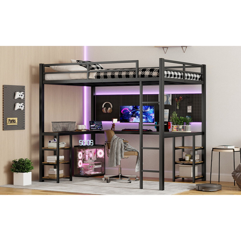 Full XL Metal Loft Bed With Desk And Shelves, Space-Saving Design With Ladder And Guardrails For Small Bedrooms, Full