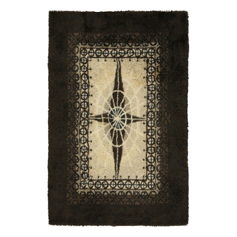 Vintage Swedish Rya Rug In Beige-Brown With Starburst Medallion - Rug & Kilim