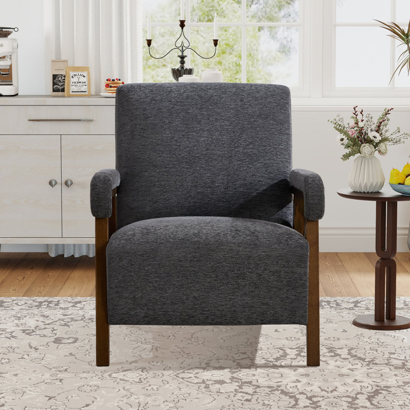 Fauteuil d'appoint rembourré en tissu de 28,35 po de largeur avec pieds en bois massif, Gris
