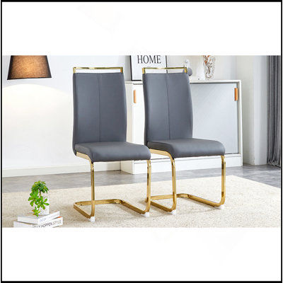 Chaises de salle à manger modernes, chaise d'appoint rembourrée en similicuir à haut dossier en polyuréthane avec pieds en tube d'or en forme de C pour la salle à manger et la cuisine (ensemble de 2) (GRIS FONCÉ + PU)