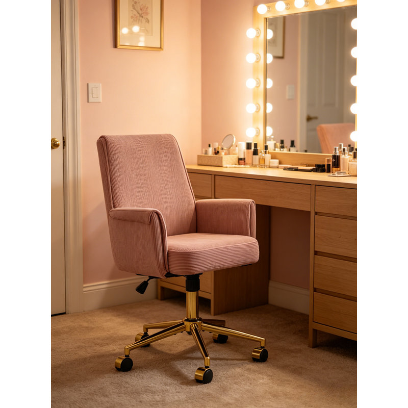 Ergonomic Mid-Back Swivel Office Chair,Comfortable Corduroy Office Chair, Pink