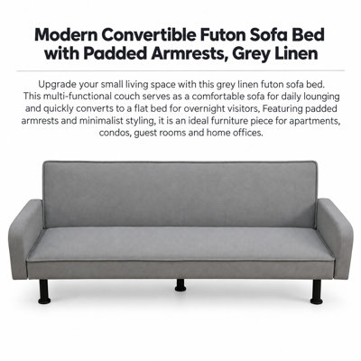 Canapé-lit convertible contemporain en lin gris, futon avec accoudoirs et dossier réglable, canapé d'appoint pliable avec pieds robustes pour la décoration intérieure