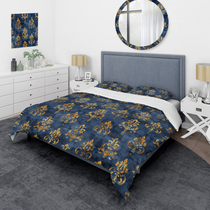 Ensemble de housse de couette transitionnelle Blue Gold Royal Damask Glamour IV