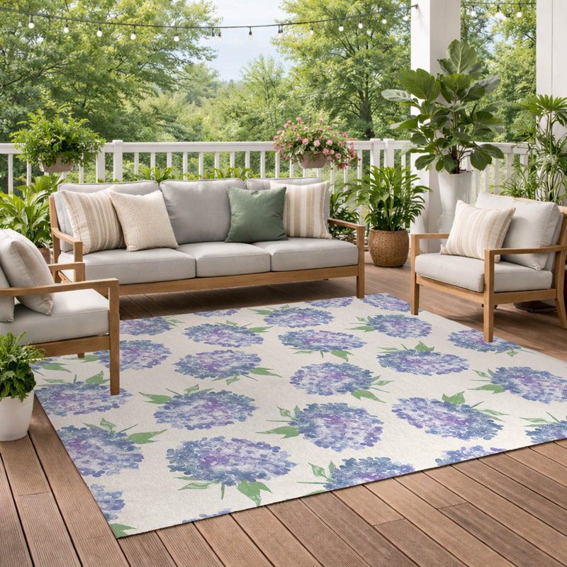 Tapis d'extérieur Hydrangea Love, Ivoire ivoire, Rectangulaire 2 pi x 3 pi