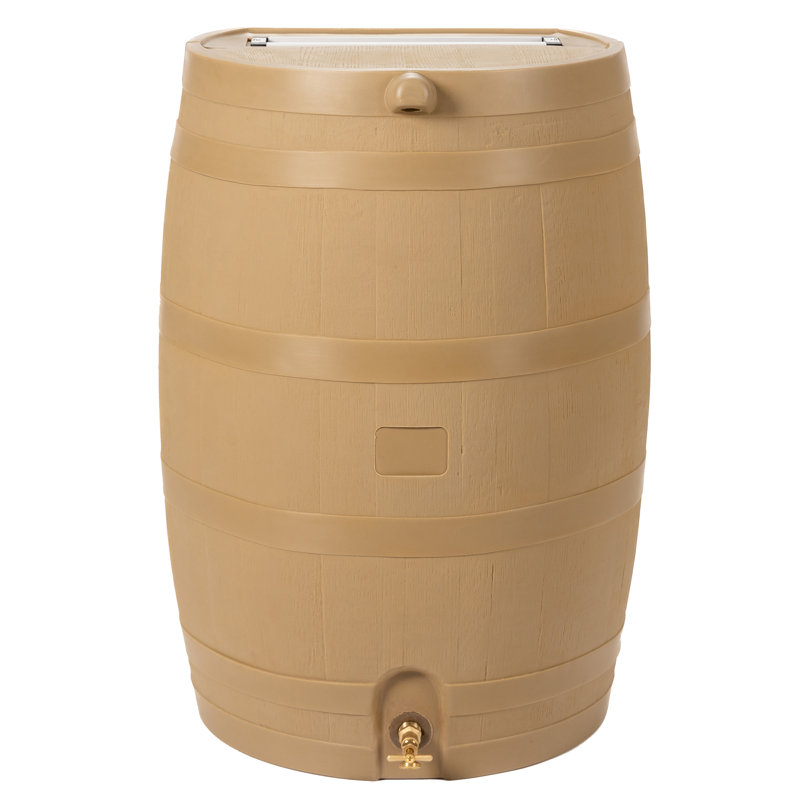 Tan Oak Polyethylene Rain Barrel with Brass Spigot, 50 Gallon