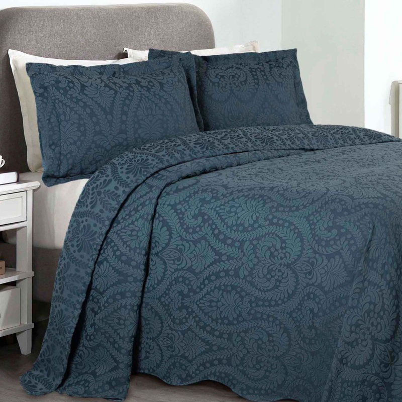 Aspen Floral Scalloped Edge Cotton Blend Coverlet / Bedspread with Sham Set, Deep Sea, Queen