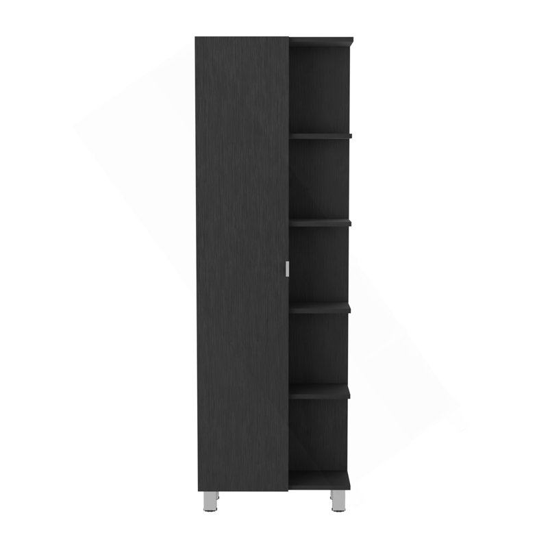 Armoire de coin, cinq tablettes ouvertes, une porte, finition wengé noir, Noir