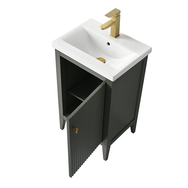 Meuble-lavabo simple pour la salle de bain avec plateau en céramique, Linéaire vert rétro, Doré brossé, 20"