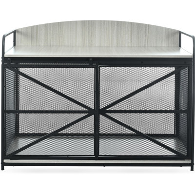 Grande caisse de chien grise - chenil en bois pour chiens de taille moyenne, table de bout intérieure avec rangement et porte coulissante sécurisée