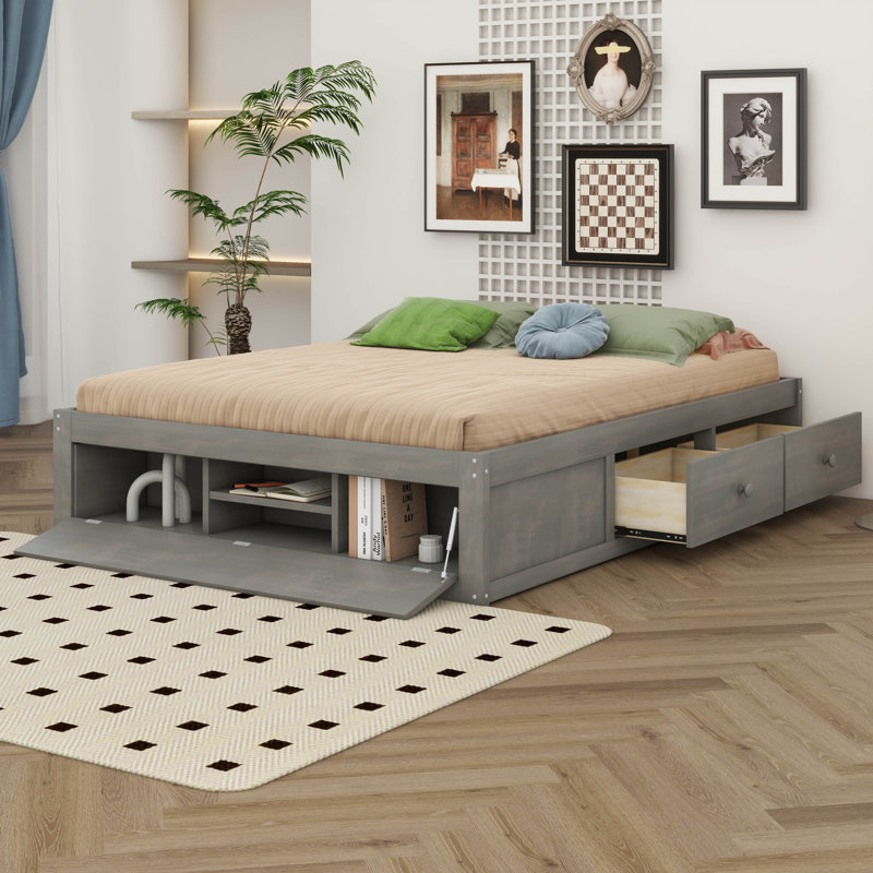 Platform Bed Frame With 4 Storage Drawers And Hydraulic Lift Footboard Storage, No Headboard, Antique Gray