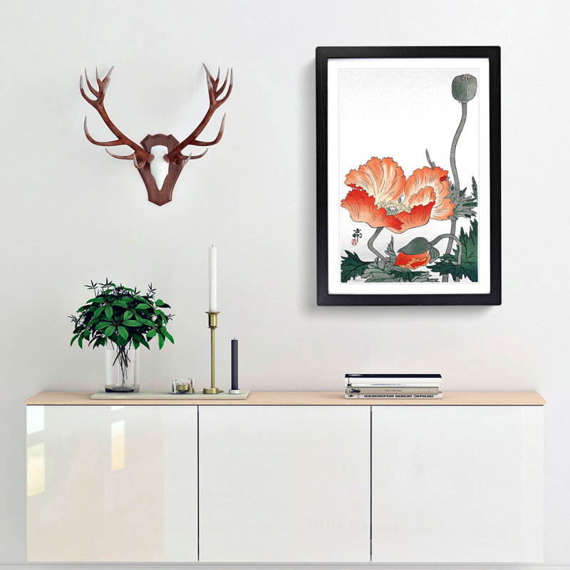 Poppy Flower by Ohara Koson - Picture Frame Painting Print, 65cm H x 48cm W x 2cm D, Black Framed