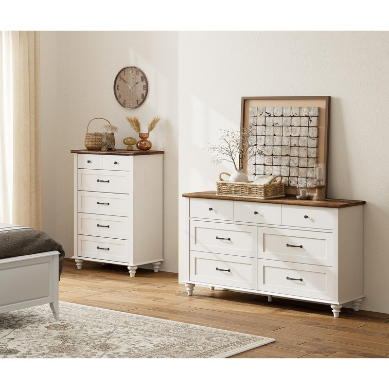 Ensemble de commode 2 pièces - Comprend une commode à 5 tiroirs et une commode à 7 tiroirs, Blanc cassé