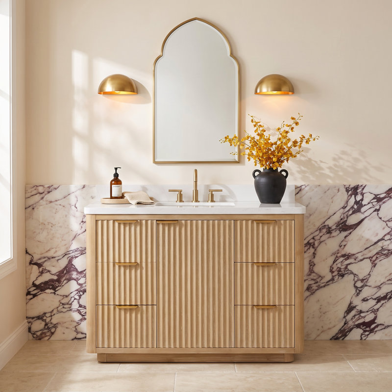 Adela 48'' Single Bathroom Vanity with Cultured Marble Top, White, Brown, Gold