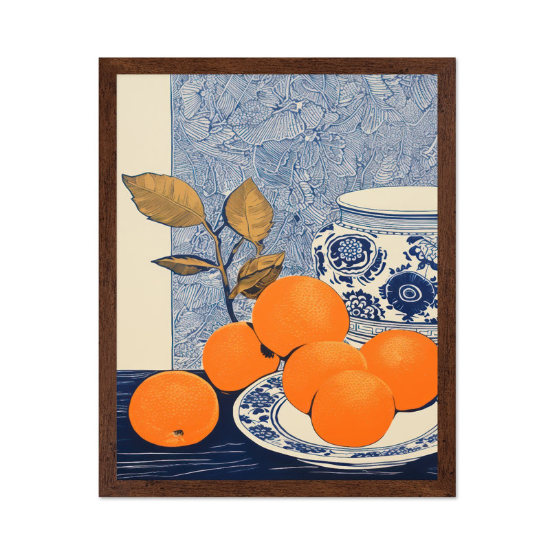 Oranges et vase bleu, Affiche, H 16 po x l 20 po, Encadrement brun