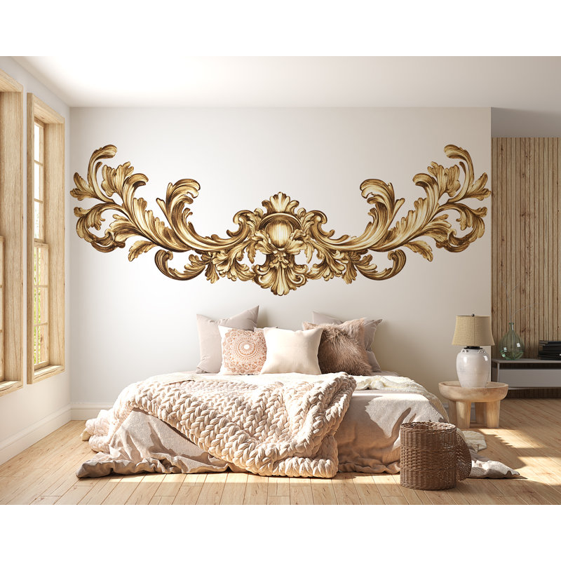Adhésif décoratif tête de lit baroque doré, art mural de chambre ornée, art mural rétro amovible 112Mv, H 80 po x l 42 po