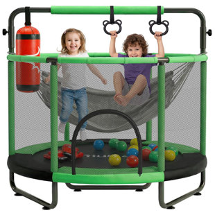 Hurtle 55" Kids Trampoline with Safety Net - HUTRA55GRBL - Indoor/Outdoor Trampoline with Swing, Boxing Bag, Hanging Rings, and 20 Play Balls (Green)