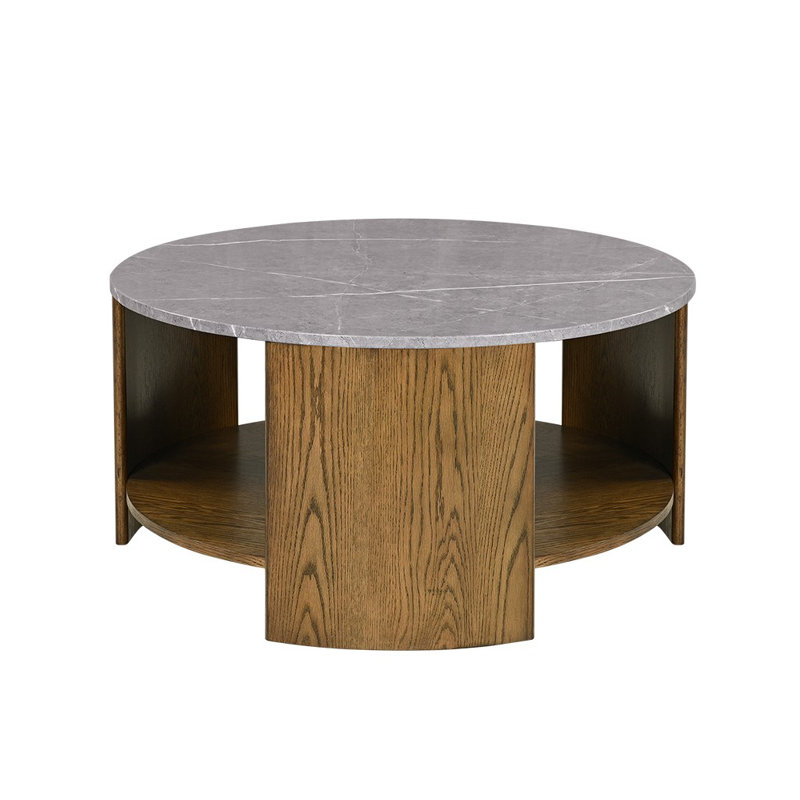 Round Mixed Material Coffee Table With Shelf, Oak