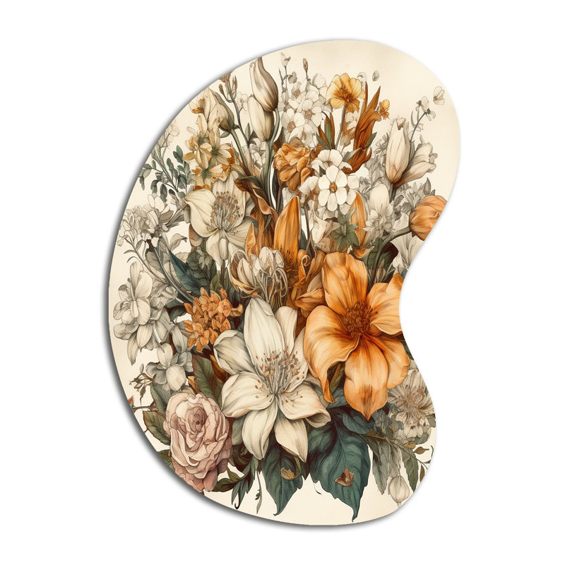 Crème et fleurs orange, interprétation de bouquet I - reproduction de sculpture murale en métal à forme asymétrique, forme irrégulière
