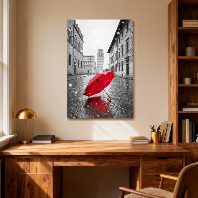 Parapluie rouge Scenic & Cityscapes sur une rue humide avec de la neige, H 36 po x l 24 po