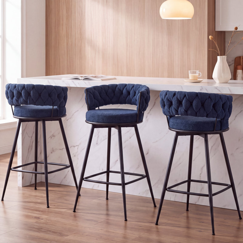 Modern Blue Upholstered Bar Stool With Woven Look Backrest & Fixed Black Metal Frame Stable Counter Height Stool For Kitchen Breakfast Bar Or Cafe, Set Of 3