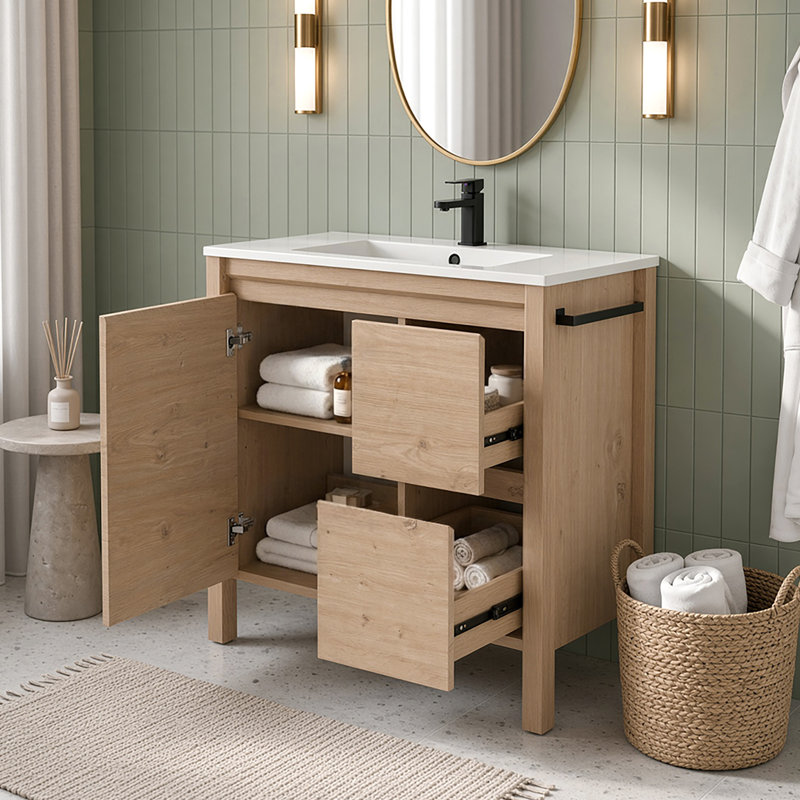 Meuble-lavabo simple autoportant de style ferme moderne de 91 cm (36 po) avec comptoir, robinet et drain, pieds droits apparents