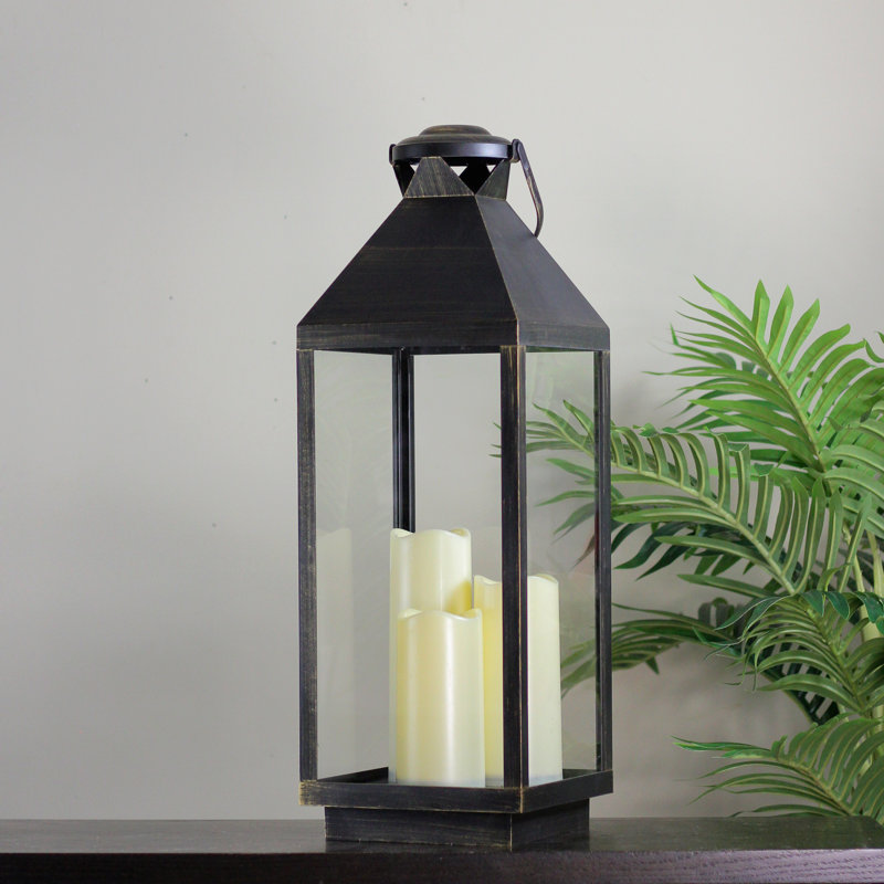 24" Gold Brushed Black Candle Lantern with Flameless LED Candles