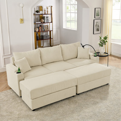 Canapé-lit moderne avec rangement, avec 2 repose-pieds, canapé à assise profonde avec porte-gobelets et support pour téléphone, canapé en velours côtelé pour le salon