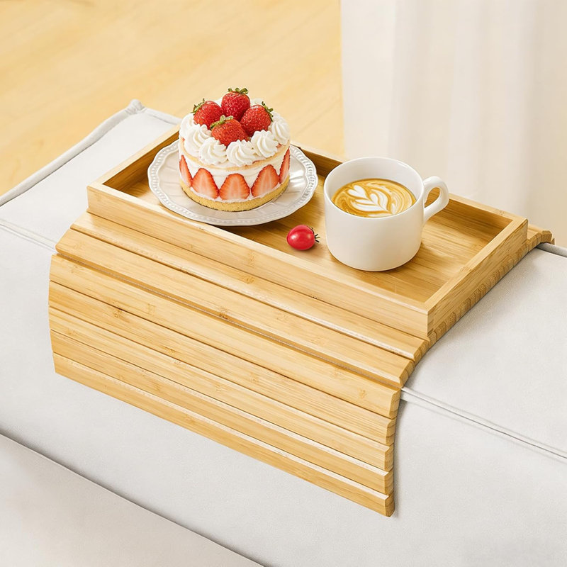 Plateau pour accoudoirs de canapé, table de canapé pour canapé en bambou, table avec accoudoirs pour canapé, organisateur antidérapant pour accoudoirs, porte-gobelet pliable pour collations, téléphone, contrôle, tasses, naturel