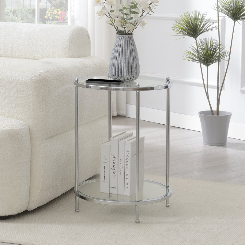 Carolina Round Glass End Table with Metal Shelf, Chrome