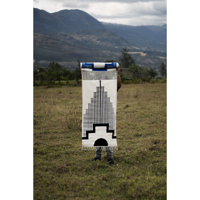 Centro Sheep Wool Handwoven Tapestry, Aged Bronze Wall Mount, Terracota & Ivory, Ivory/Lapis Blue
