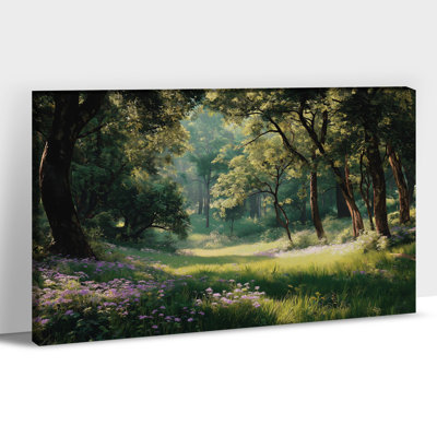 «Spring Sunlit Forest Wildflower Meadow», art mural sur toile - peinture de paysage de campagne, impressions sur toile tendue avec châssis, affiche, impression photo pour salon, décoration murale, 16 po x 32 po