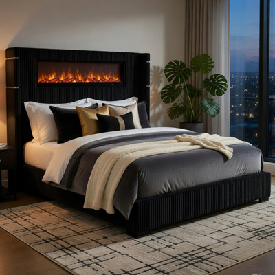 Nera King Size Bed With LED Fireplace Headboard, Black Corduroy Upholstery