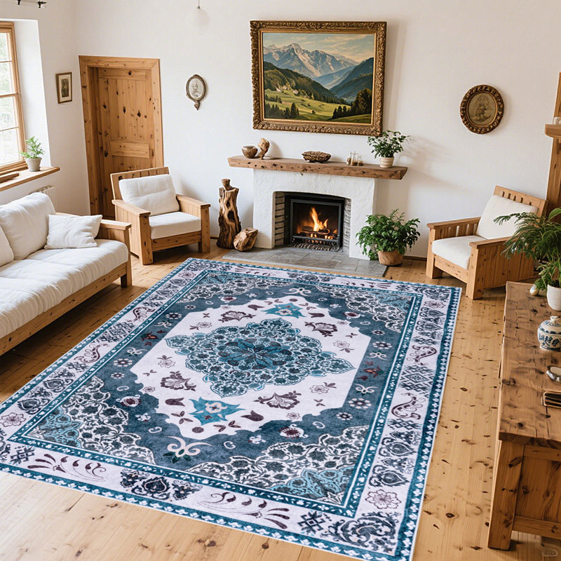 8x10 Rug, Washable Low Pile Area Rugs for Living Room, Grey and Blue Boho Carpet for Dining Room Bedroom, Performance Rug for High Traffic Area, Vintage Area Rugs Home Decor Use, Non Slip