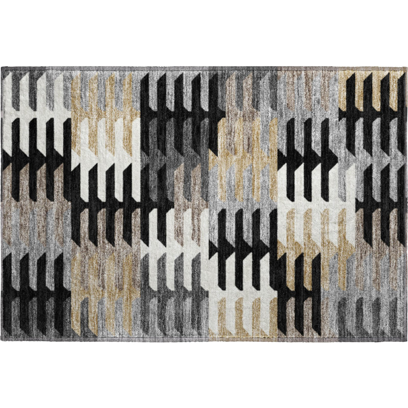 Premium Machine Washable Mayfield AMF2328 Geometric Rug, 1'8" x 2'6", Black