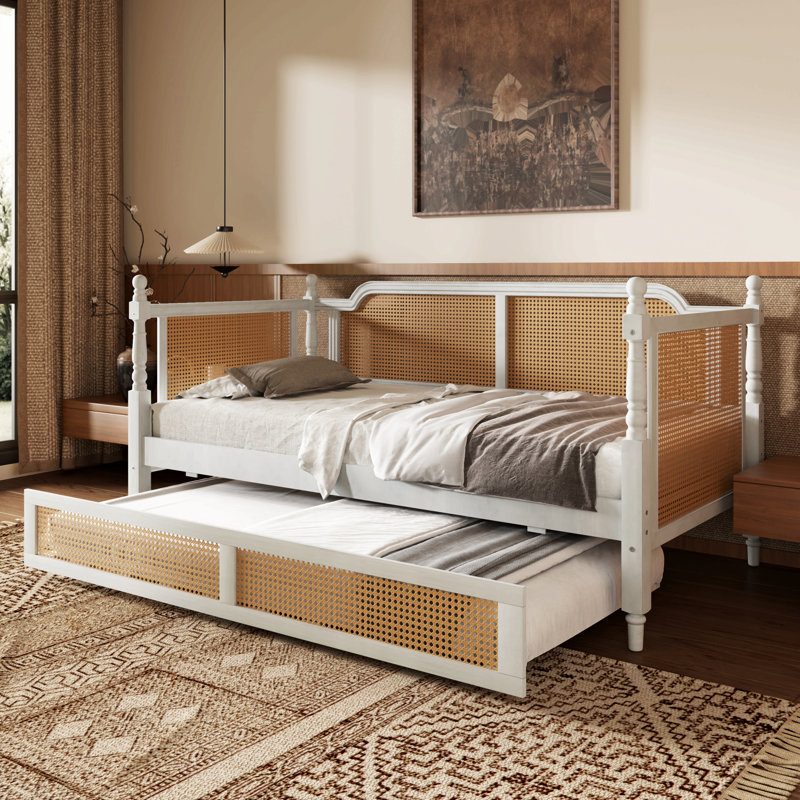 Lit de jour simple en rotin de style traditionnel avec lit gigogne simple pour un espace limité, chambre d'amis, aucun sommier nécessaire