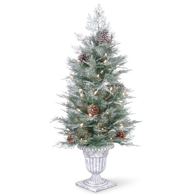 48"" H Slender Green Cedar Flocked/Frosted Christmas Tree with 100 LED Lights and Pinecones -  National Tree Company, PEFM3-306-40