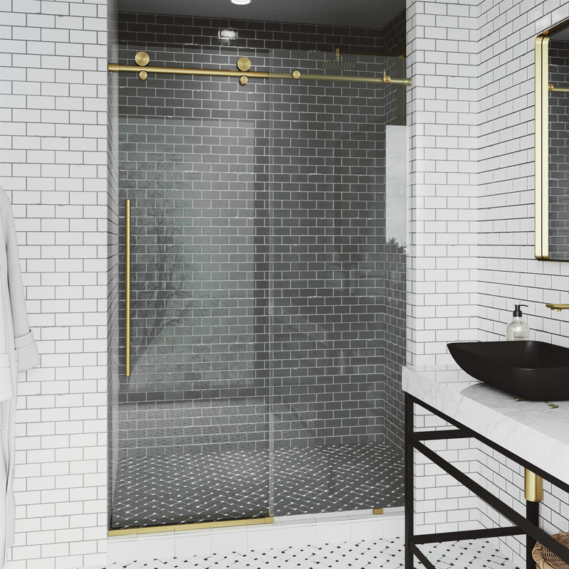 Elan E-Class 64-68" W x 76" H Sliding Frameless Shower Door with 3/8" Clear Glass, Matte Brushed Gold