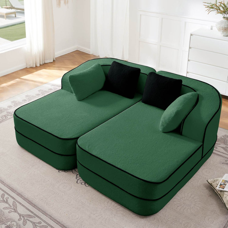 77.2" Teddy Fabric Boneless Sofa Bed, Green Teddy