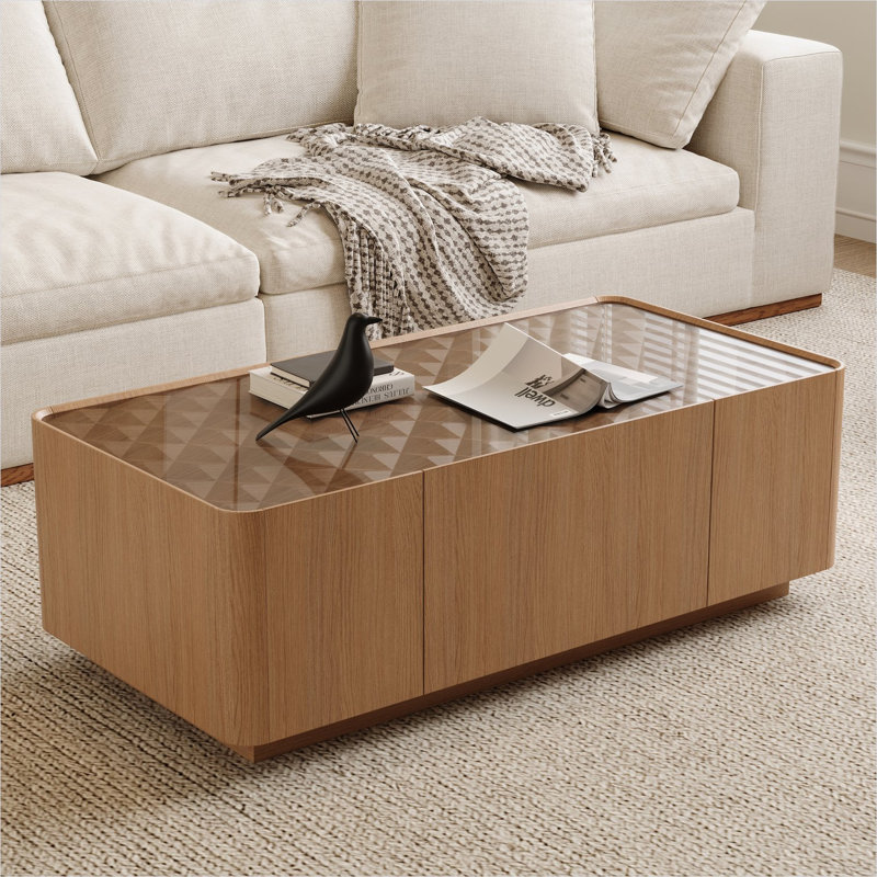 Table basse rectangulaire en bois naturel brun et verre, centre de salon de style moderne Mid-Century