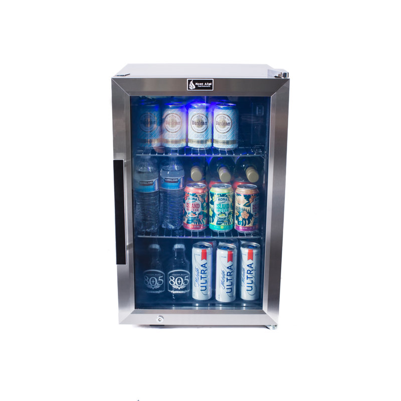 Mont Alpi 27"H x 18.5"W x 17"D Stainless Steel All Weather 2.7 Cu. Ft. Outdoor Refrigerator Glass Door 90 Can Beverage Wine Cooler Home Patio Backyard Compact Fridge + Temperature Control + Lockable Door + 3 Adjustable Racks + Blue LED Ambient Lighting