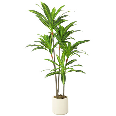 Faux Dracaena Tree Plant in Cement Freestanding Planter