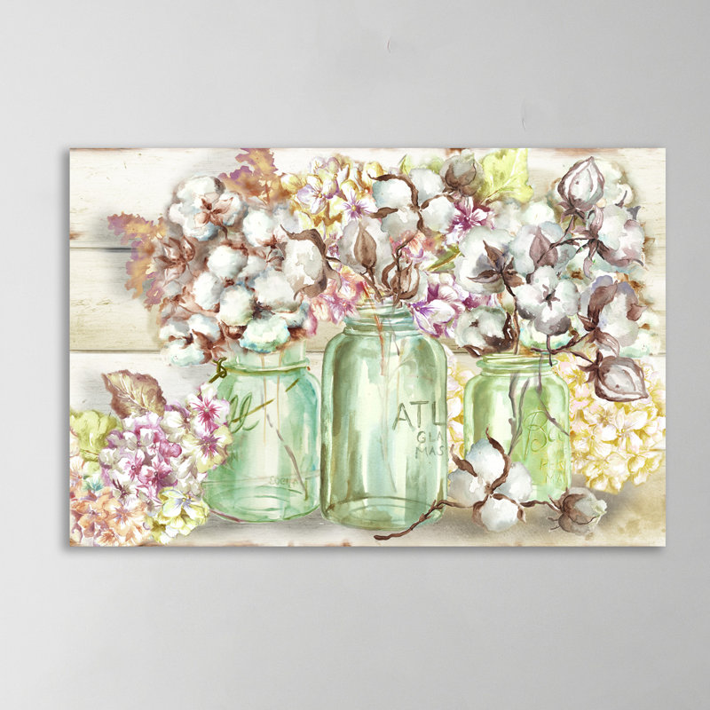 Colorful Flowers And Cotton Bolls In Mason Jars - Wrapped Canvas Painting, 25 cm H x 38 cm W